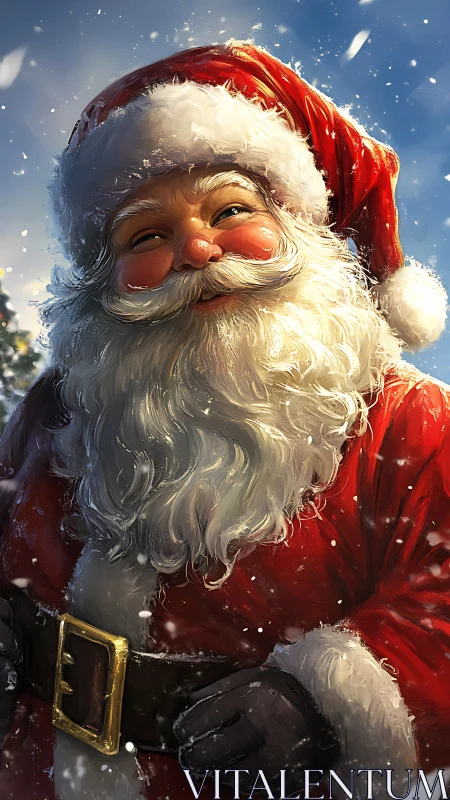 Jolly Santa Claus smiles warmly in a snowy winter glow