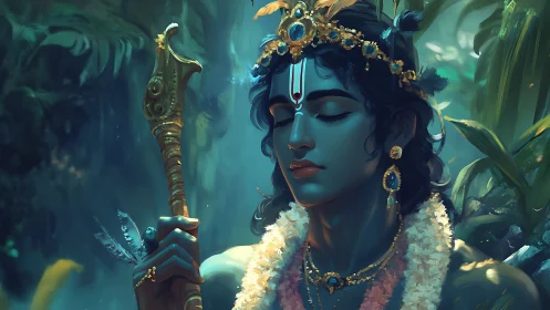 Serene blue-skinned deity portrait with ornate staff and floral halo