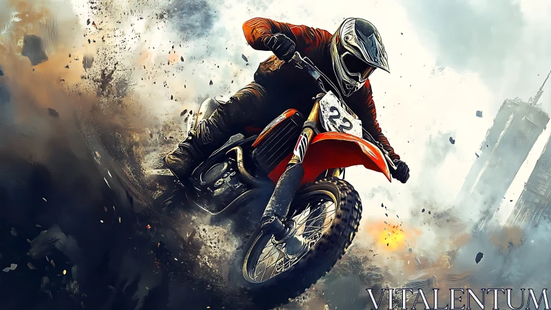 Motocross rider cornering through debris on dirt track.