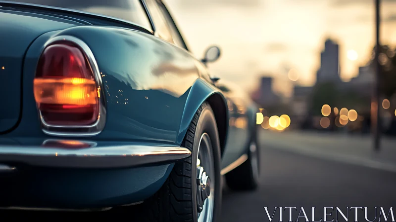 Rear view of classic blue coupe on city street at dusk.