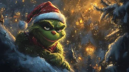 Scheming green creature eyes a glowing snowy Christmas village