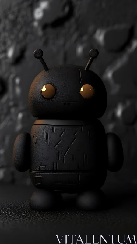 Black matte robot toy with golden eyes in dark studio.