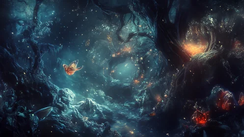 Firefly monarch drifts through a bioluminescent dreamwood