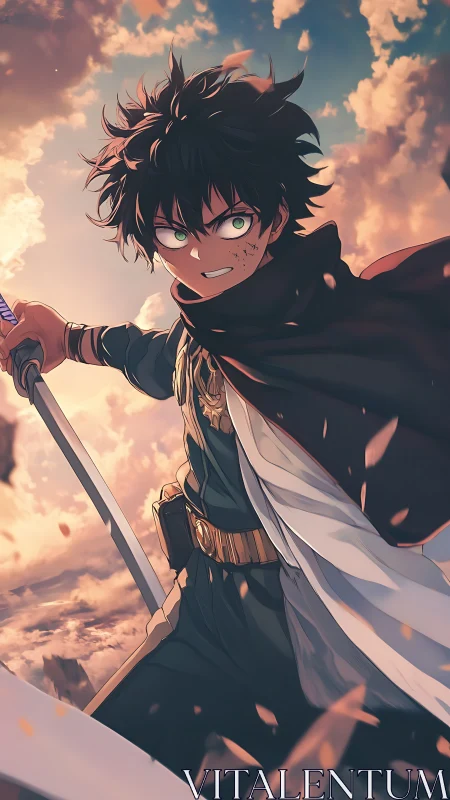 Determined anime swordsman charges under a blazing sky.