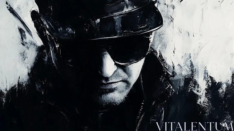 Shadowed man in sunglasses emerges from stark monochrome chaos.