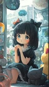 Daydreaming girl surrounded by cozy plush friends.