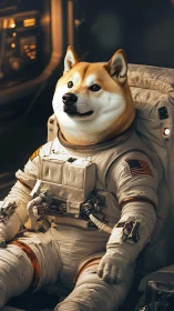 Shiba inu astronaut poised inside warm-lit spacecraft cabin.