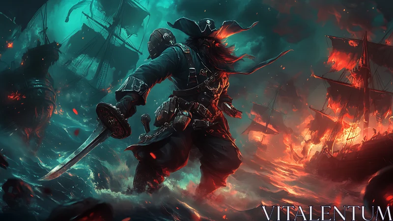 Armored pirate leads brutal naval assault in stormy seas.