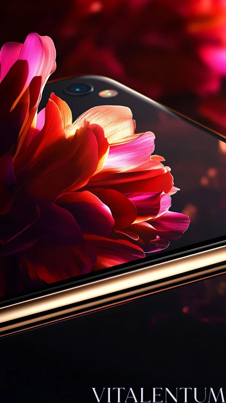 Optical macro fusion of smartphone chassis and luminous petals.