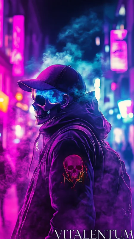 Neon skull figure in smoke on cyberpunk city street.