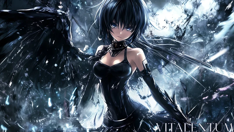 High-contrast anime winged warrior in shattered crystalline storm
