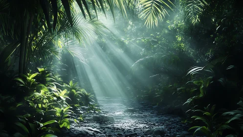 Tropical Forest Stream. Sunlight Through Canopy.
