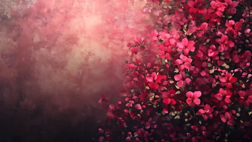 Pink flowers bloom in dreamy, romantic atmosphere.