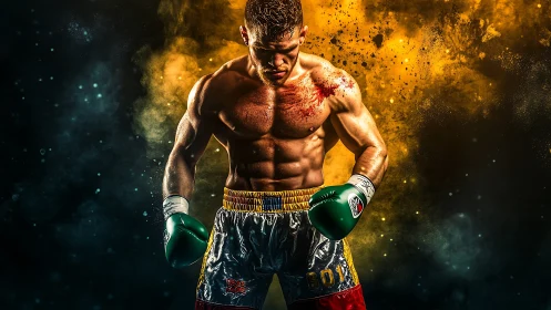 Muscular Boxer in Green Gloves Against Golden Powder Explosion.