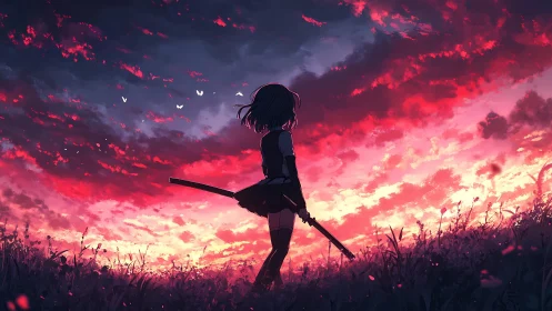 Sword-bearing dreamer pauses as the sky erupts in crimson fire
