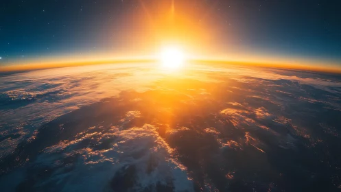 Photorealistic orbital sunrise with luminous atmospheric rim.