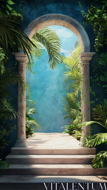 Sunlit tropical archway spilling into a secret sky courtyard.