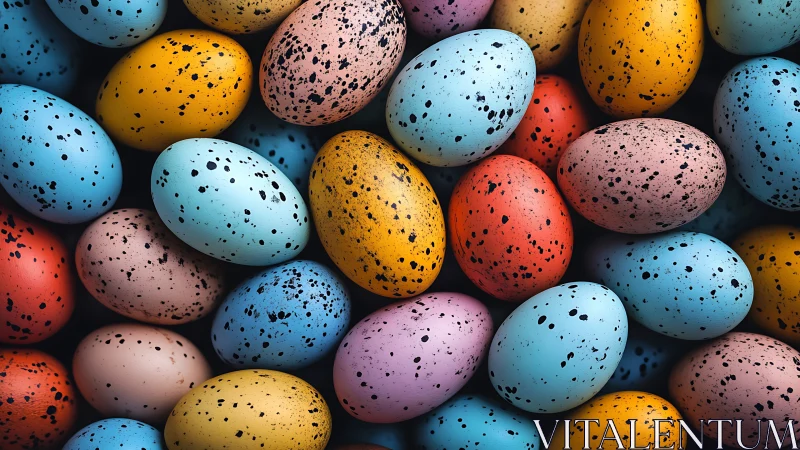 Colorful speckled eggs arranged in a tight scattered pattern.