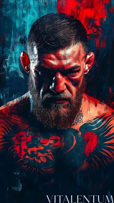 Tattooed fighter glares downward against split red blue field