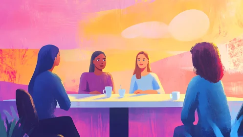 Four women in a vibrant meeting, digital painting with warm colors.
