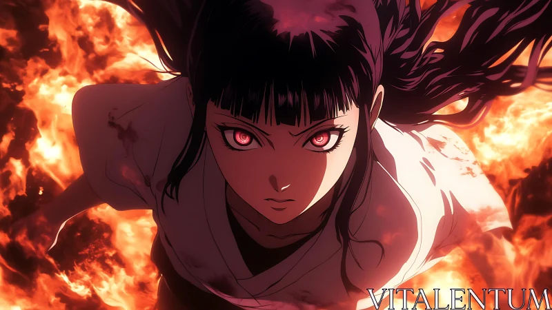 Fierce anime heroine charges forward through roaring flames