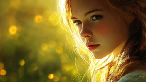 Sunlit portrait of young woman in glowing golden bokeh.