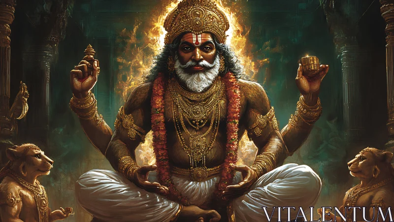 Seated four-armed deity holds objects and sits among lions