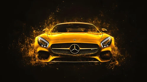Yellow sports coupe front view with particle light effect.