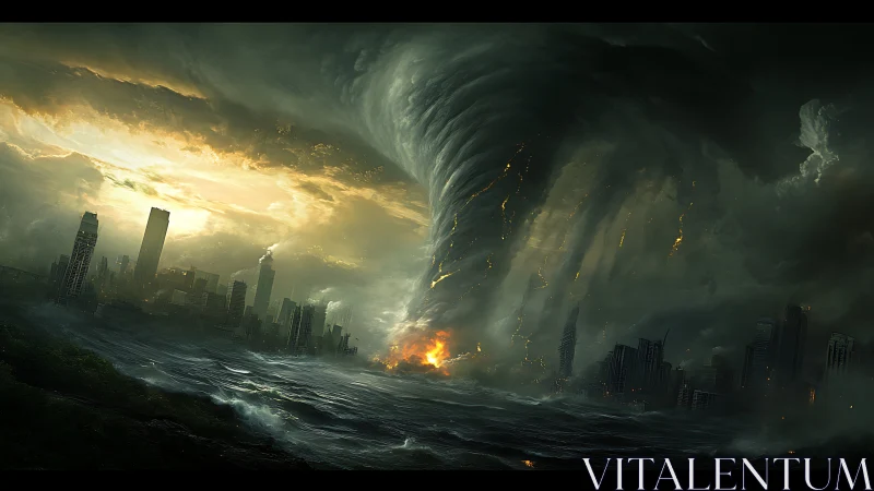 Storm-twisted city skyline under a colossal fiery vortex.
