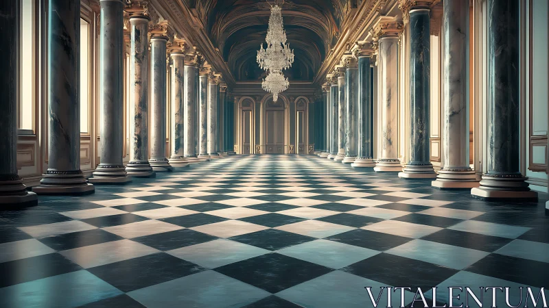 Neoclassical marble hall with chandeliers and checkered floor.