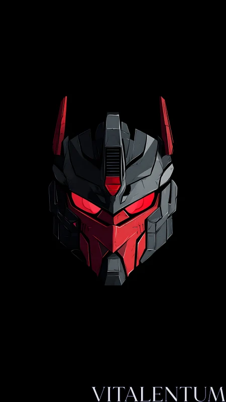 Dark robotic helmet with red accents on black background.