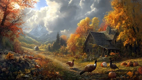 Golden autumn cottage path with pumpkins and wild geese.