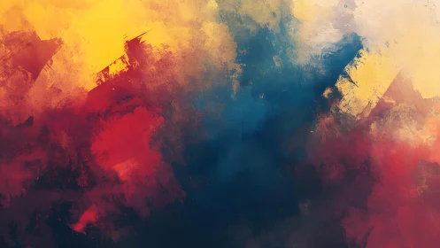 Vivid Abstract Painting with Bold Red, Yellow, and Blue Brushstrokes.