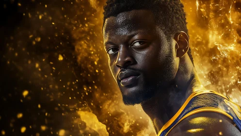 Basketball player close-up against abstract golden background.