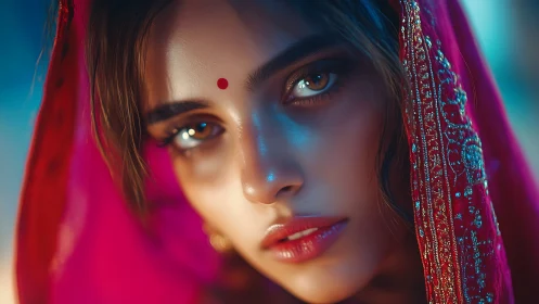 Hyperreal close-up portrait under jeweled red dupatta glows
