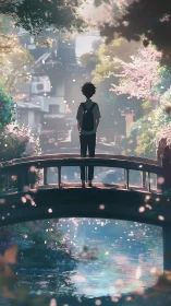Solitary student dreaming on a blossom-dusted riverside bridge.
