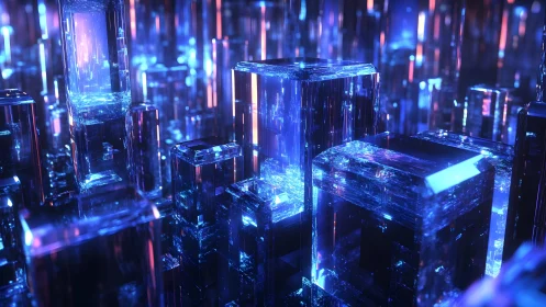 Futuristic Crystal Cityscape in Neon Blue Digital Art Style.