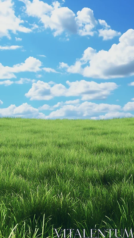 High-fidelity grassy field under cumuliform sky with deep DOF