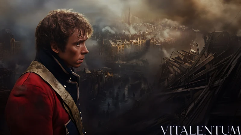 Thoughtful soldier watches a ruined city fade into smoky dusk