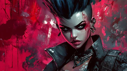 Punk cyberpunk warrior glares against blood-red abstract wall