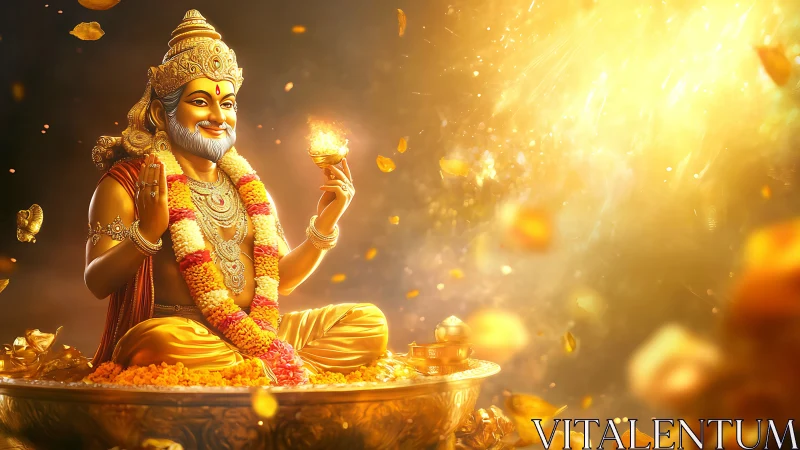 Golden deity statue radiates light in cascading petals glow.