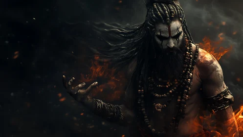 Warrior mystic with face paint amid controlled flames.