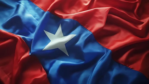 Highly detailed close-up of a red and blue flag with central star