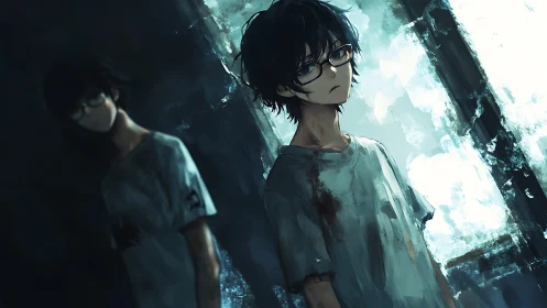 Melancholic boy in dim room with ghostlike reflection.