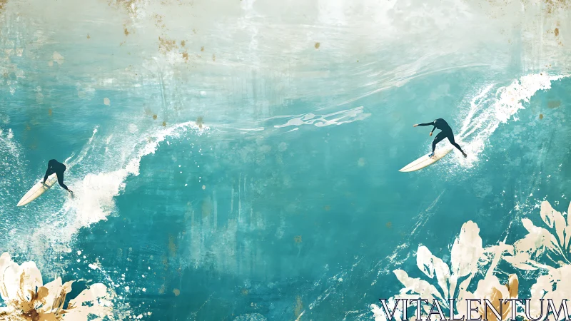 Two surfers ride turquoise waves with floral overlay below