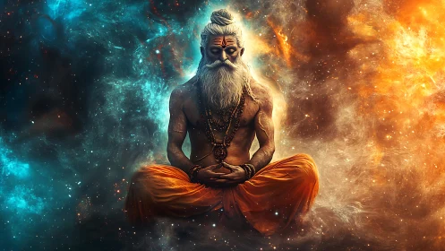 Cosmic sage meditates within swirling nebula firestorm