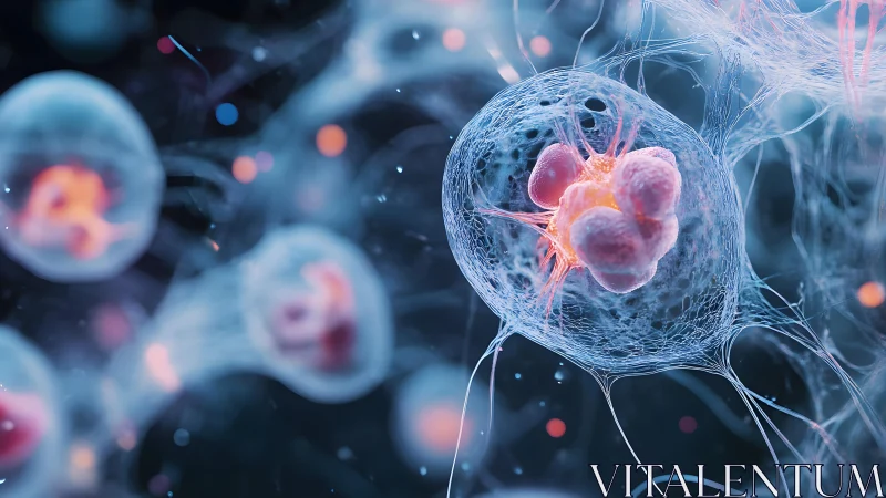 Microscopic View of Neural Cells in Futuristic Digital Art Style.