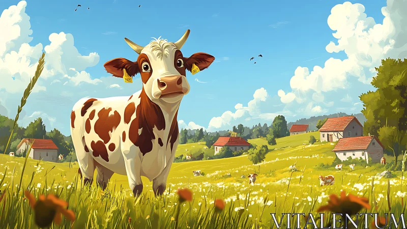 Digital painting of pastoral cow in luminous rural meadow.