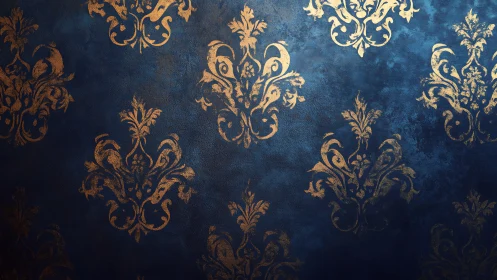 Ornate gold damask motifs glow on deep blue background.