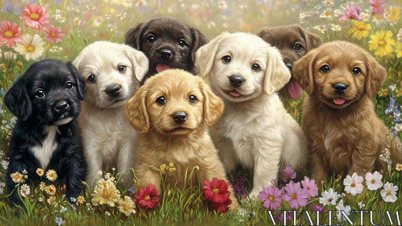 Puppy meadow meetup with seven soft-hearted furry friends.